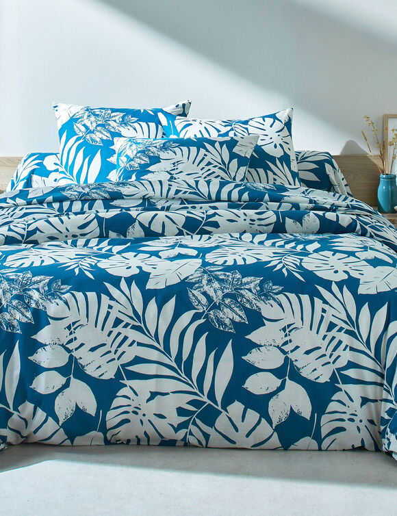 Linge de lit Paddy imprimé feuillage, coton (bleu paon)