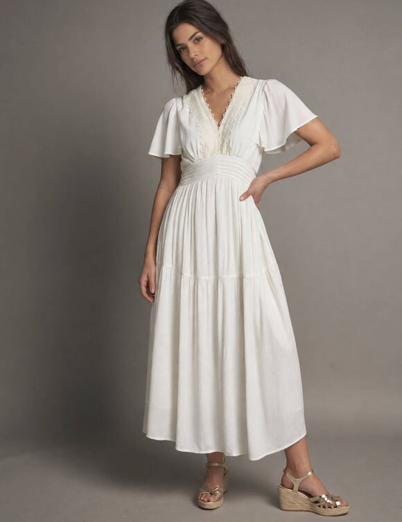 Lange jurk in crepon en macram&eacute; (ecru)