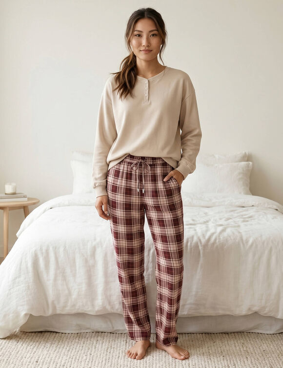 Pantalon de pyjama tiss&eacute; teint carreaux (aubergine / bois de rose)