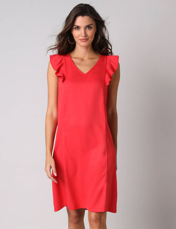 Robe courte col V unie, &agrave; mancherons volant&eacute;s (rouge)