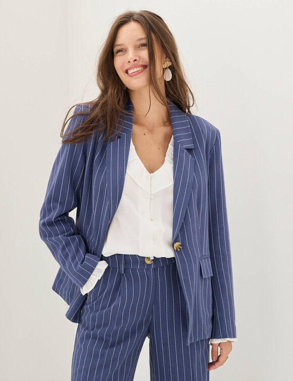 Veste blazer ray&eacute;e, viscose-lin (bleu)