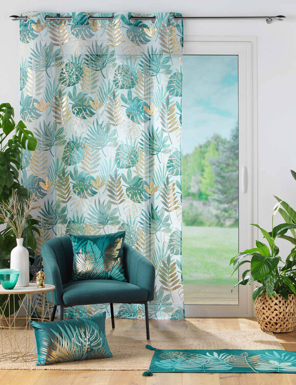 Voilage imprim&eacute; feuillage, d&eacute;tails m&eacute;tallis&eacute;s, finition &oelig;illets (&eacute;meraude / dor&eacute;)