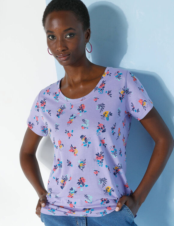 T-shirt col rond imprimé fleuri coton (mauve)