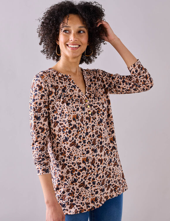 Tunique col boutonné imprimé peau-de-bête (beige / marine)