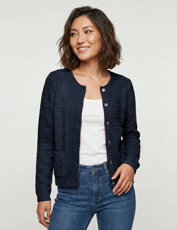 Cardigan uni maille fantaisie (marine)