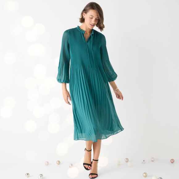 Halflange effen jurk, pliss&eacute;voile (smaragd)