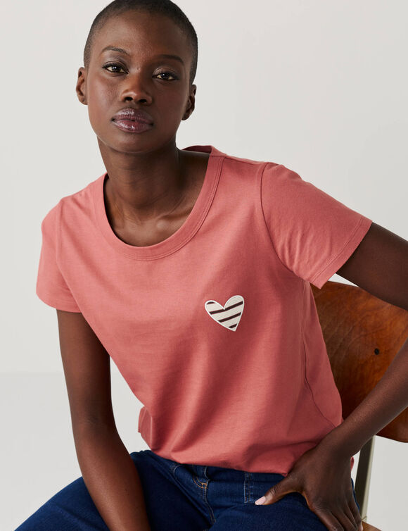 Effen T-shirt met 'hart' borduursel, korte mouwen (rozenhout)