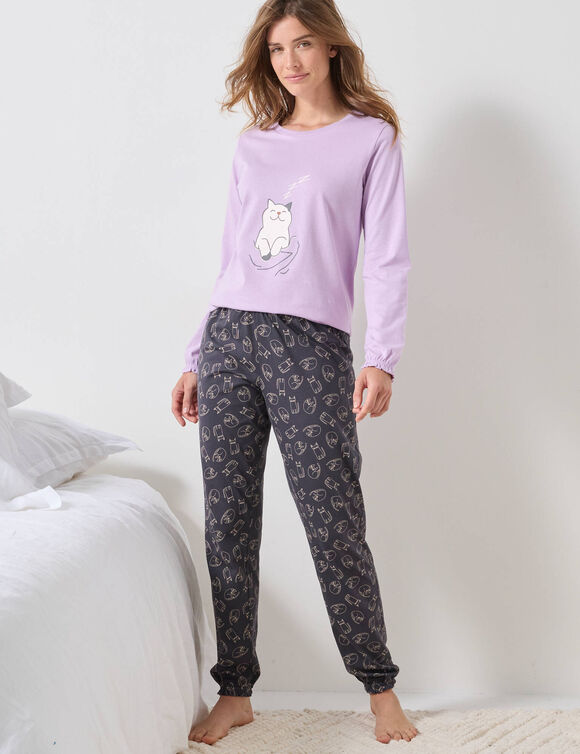 Pyjama met "poes" motief en lange strookmouwen (parma / grijs)