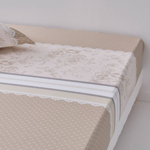 Linge de lit Gabrielle imprim&eacute; pois-fleurs-dentelle - coton 57 fils/cm&sup2; (sable)
