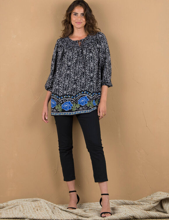Tunique smockée imprimé base (noir / bleu / vert)