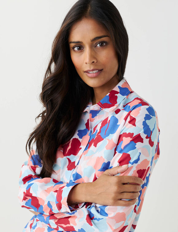 Chemisier imprim&eacute; floral, voile de coton (blanc / bleu)