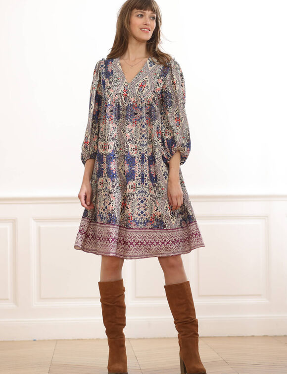 Robe imprimée manches amples (bleu / prune)