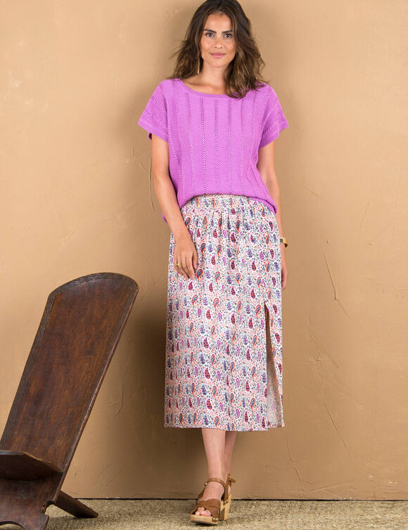 Pull col rond dégagé manches courtes, maille fantaisie (lilas)