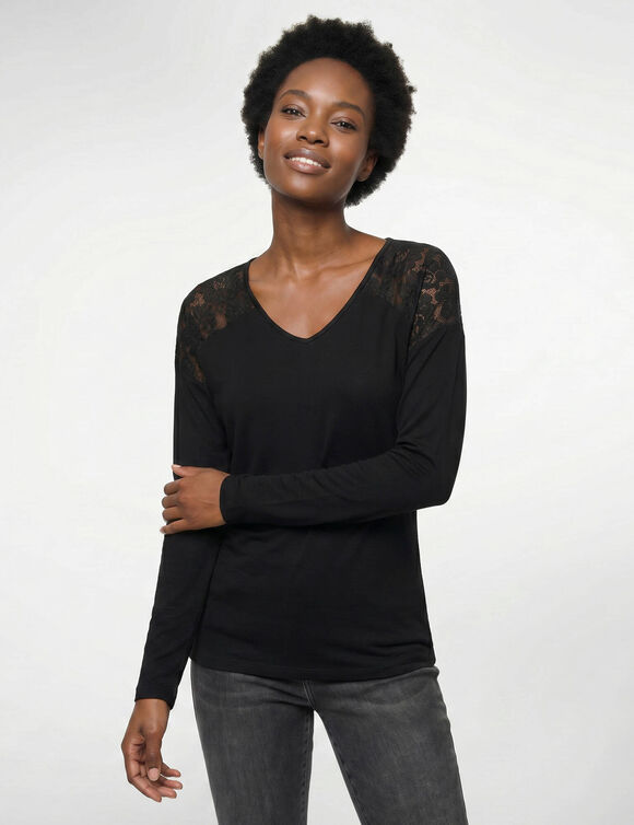 T-shirt col V manches longues dentelle (noir)