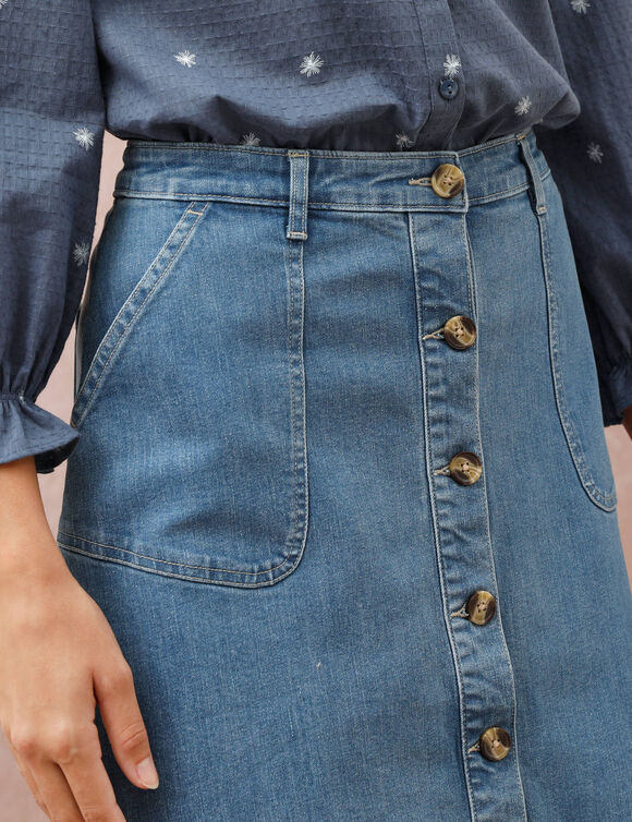 Jupe longue &eacute;vas&eacute;e boutonn&eacute;e devant, denim stretch (bleached)