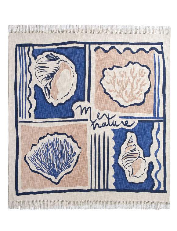 Plaid in katoen met schelpenprint (blauw / beige)