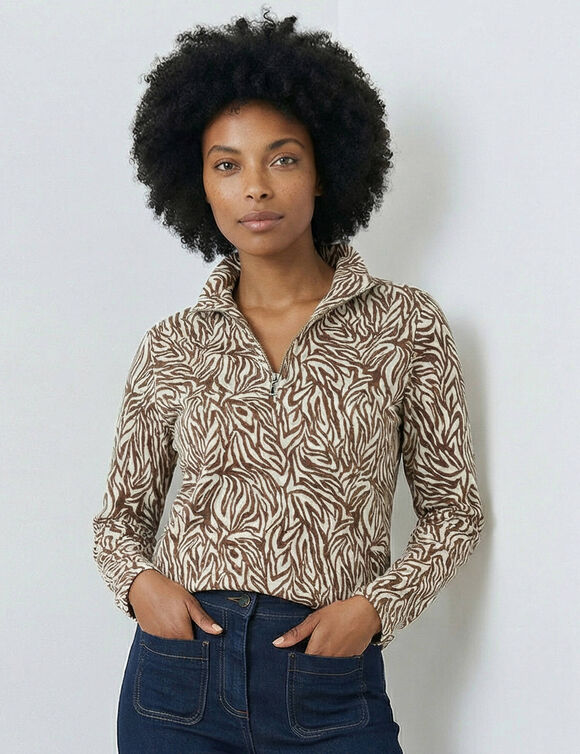 T-shirt col montant zipp&eacute;, manches longues, imprim&eacute; z&eacute;br&eacute; (noisette)