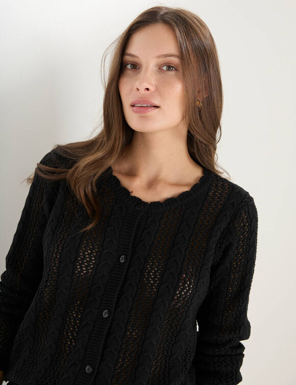 Gilet boutonn&eacute; col rond &agrave; &eacute;cailles, maille ajour&eacute;e (noir)