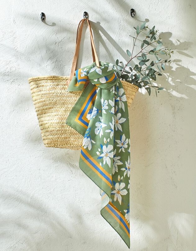 Foulard fabriqué en France imprimé fleurs, 98x98 cm, coton biologique (vert)