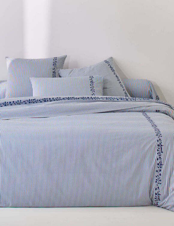 Linge de lit Faustine imprim&eacute; rayures et brod&eacute; - coton 57 fils/cm&sup2; (bleu)
