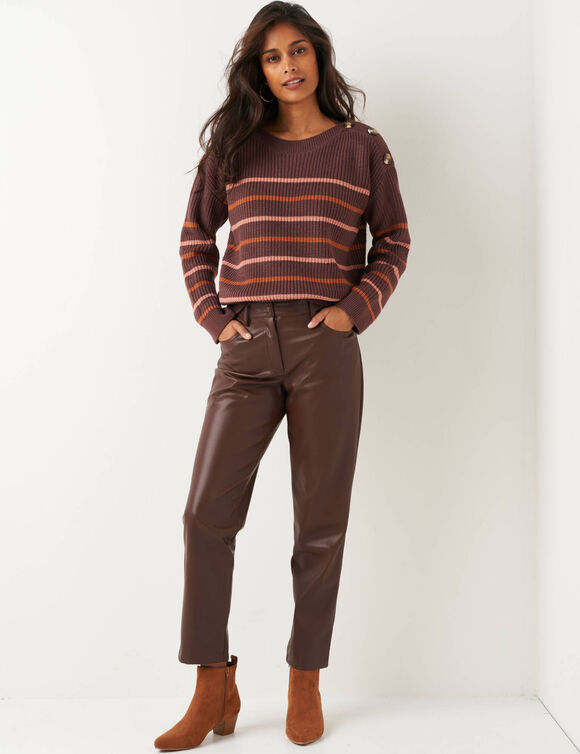 Gestreepte loose trui, boothals (chocolade / rozenhout)