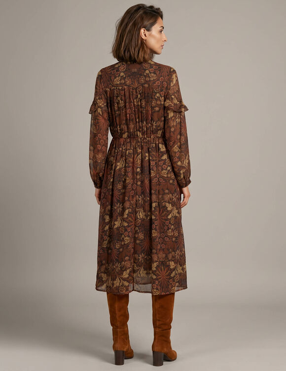 Lange jurk met V-hals, voile met bloemenprint (chocolade)