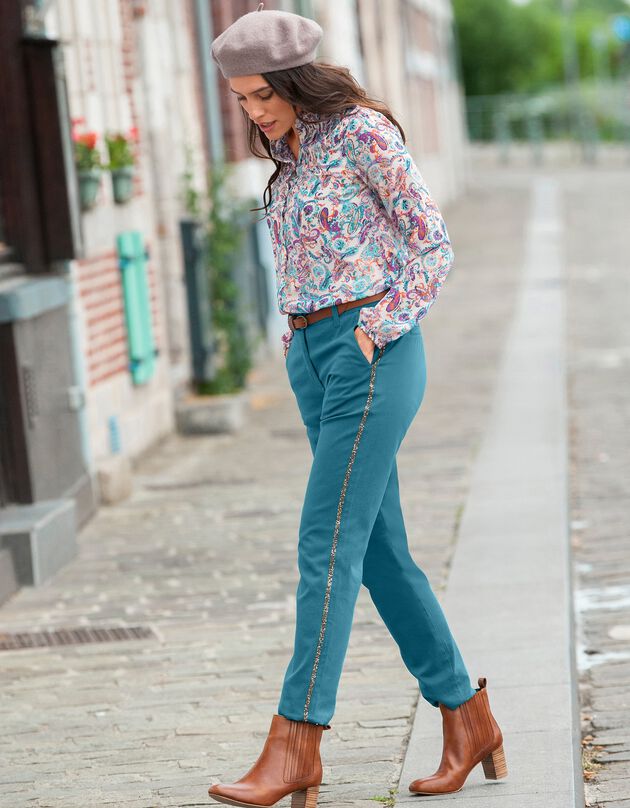 Pantalon chino bande strassée, bleu canard Pantalon chino bande strassée, bleu canard, hi-res