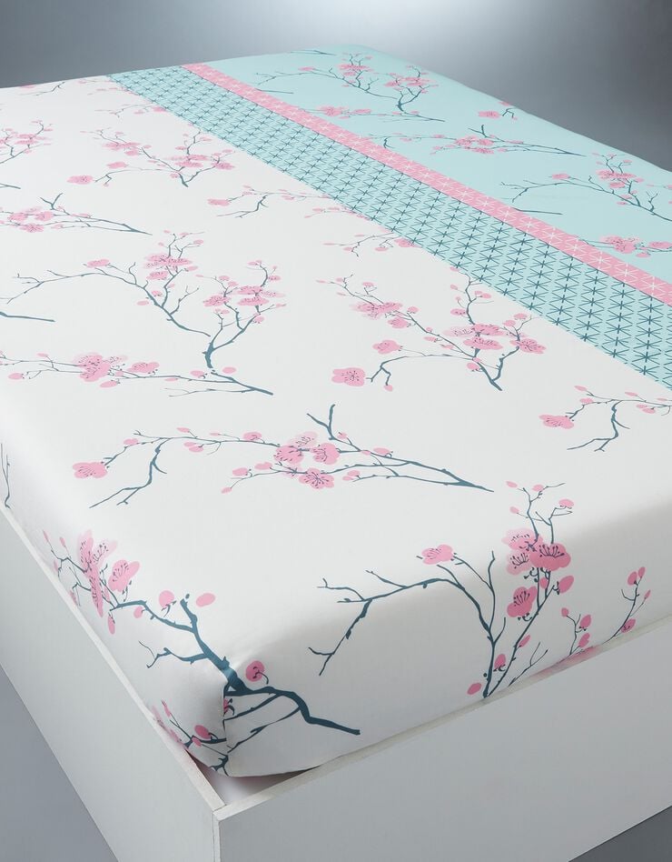 Linge de lit Kimori en coton imprimé fleurs de cerisier (lagon)