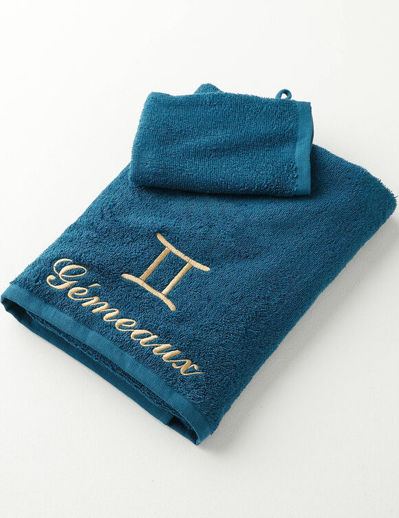 Serviettes de bain brodées Gémeaux - 420g/m2 (pauwblauw)