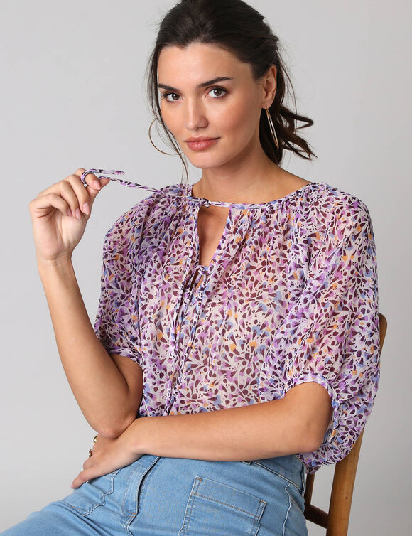 Blouse manches coude voile chiffon, col fronc&eacute; (&eacute;cru / parme)