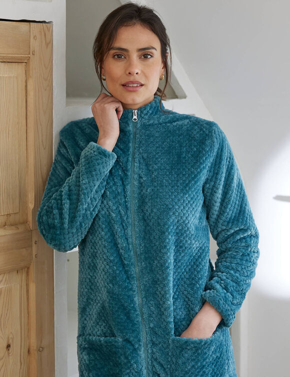 Robe de chambre zipp&eacute;e maille polaire textur&eacute;e (&eacute;meraude)
