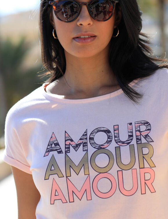 T-shirt imprimé "amour", manches à revers (rose pâle)