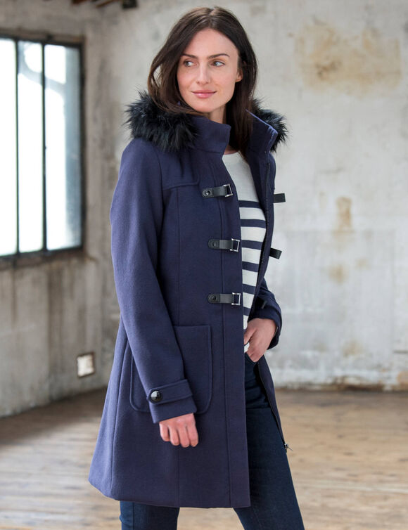 Duffle-coat capuche fausse fourrure uni (marine)