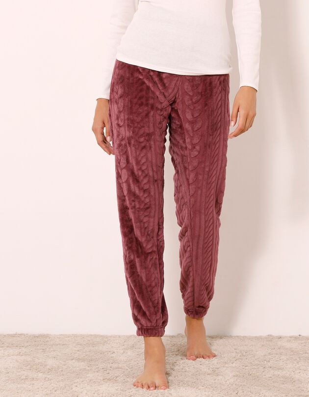 Broek in fleece met kabelmotieven (pruim)