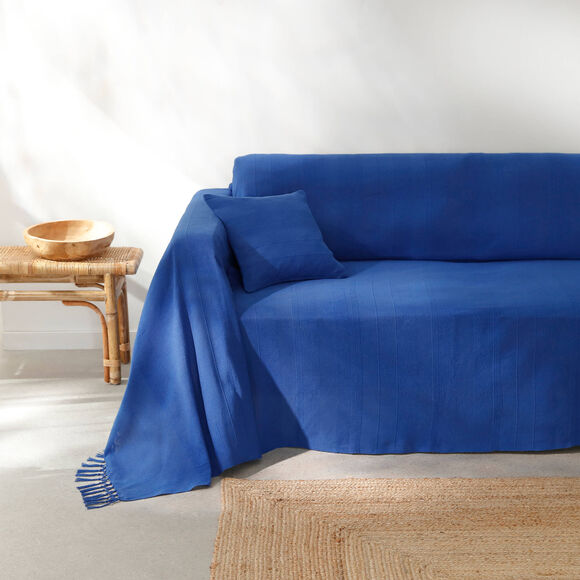 Plaid of sprei, effen katoen met artisanaal weefsel (blauw)