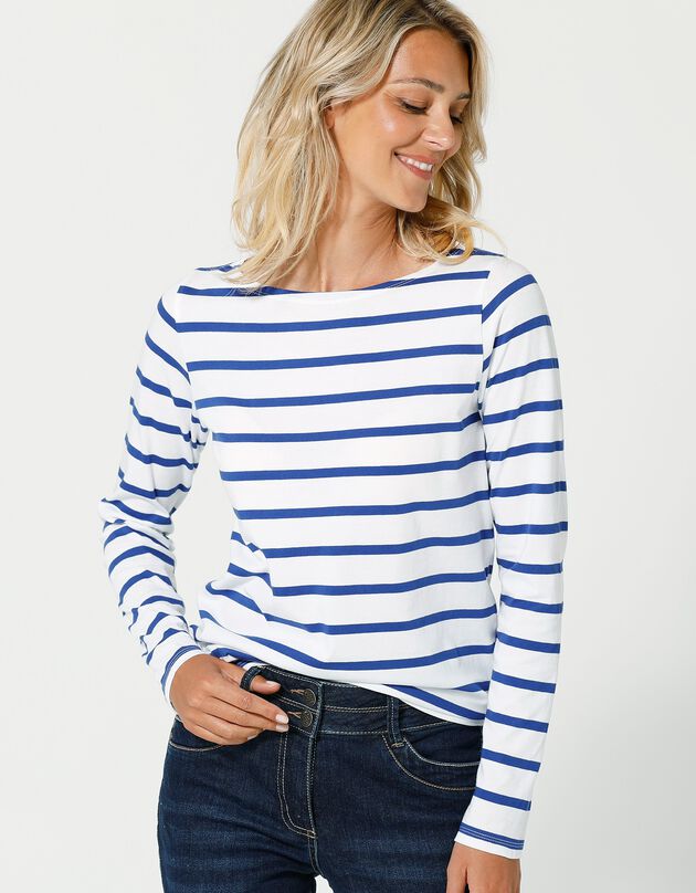T-shirt marinière manches longues, coton biologique (blanc / bleu)