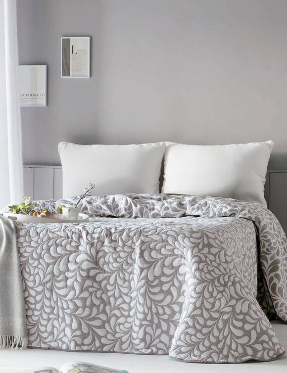 Couvre-lit jacquard motif Feuilles (&eacute;cru / taupe)