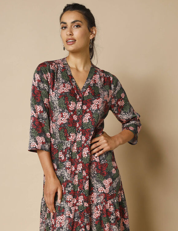 Robe longue boutonnée, imprimé fleuri (noir / rose)
