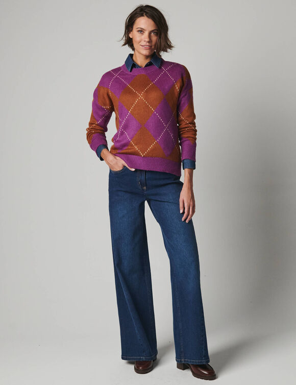 Pull col rond loose, jacquard losanges, toucher doux (violine / caramel)