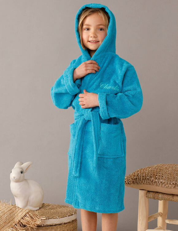 Gepersonaliseerde badjas met capuchon voor kinderen - lusjesbadstof 340 g/m&sup2; (turkoois)