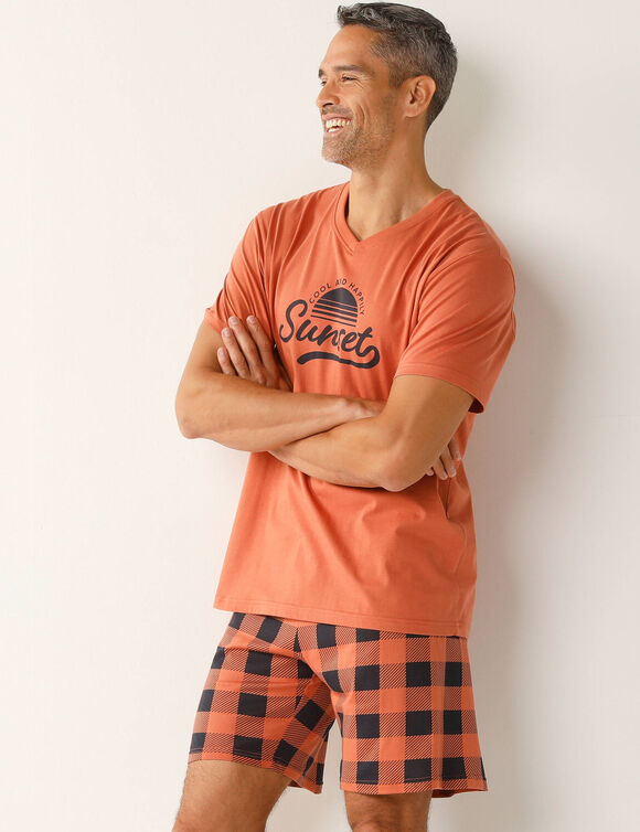 Geruite shortama in katoen met korte mouwen (abrikoos)