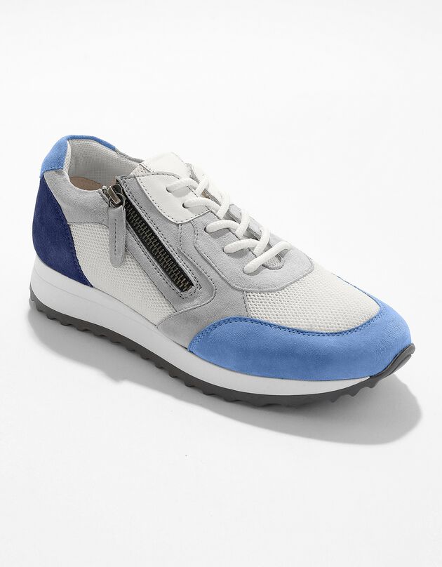Sneakers style running zippées en cuir multicolore à semelle compensée (bleu)