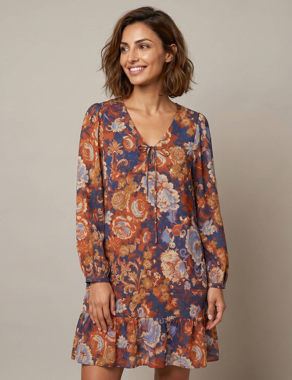 Robe courte volant&eacute;e &eacute;vas&eacute;e, imprim&eacute; fleurs XXL, cr&ecirc;pe textur&eacute; (bleu / caramel)