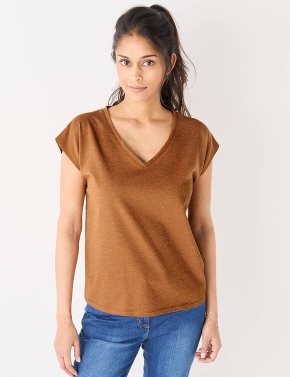 T-shirt col V, maille fantaisie brillante (noisette)