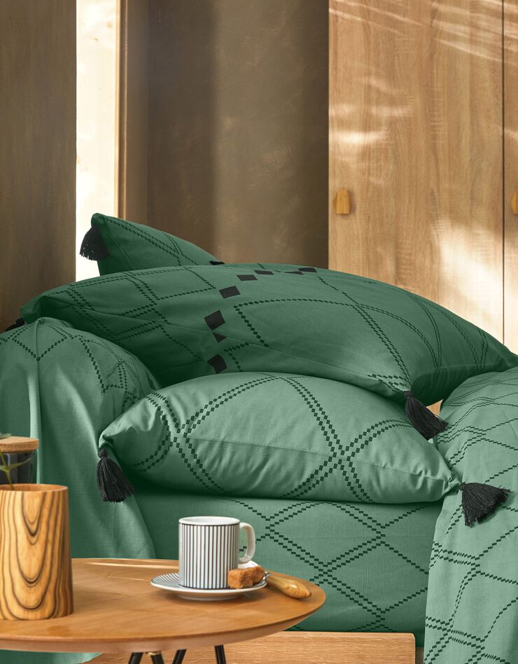 Linge de lit Massai coton à motifs graphiques et finitions pompons, vert Linge de lit Massai coton à motifs graphiques et finitions pompons, vert, hi-res image number 2