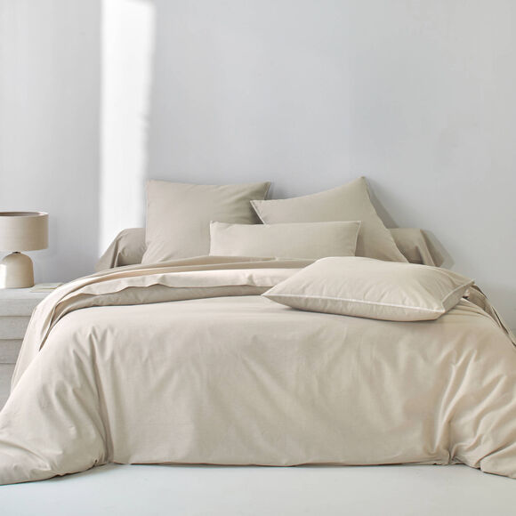 Linge de lit uni coton lav&eacute; (beige)