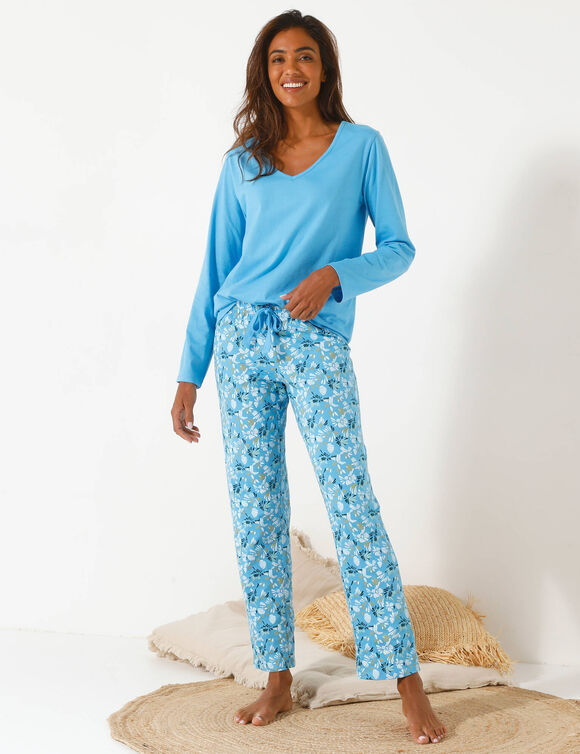 Pantalon de pyjama imprimé fleuri (bleu / écru)