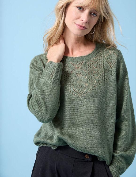 Pull col rond Spécial Petites, maille pointelle (kaki clair)