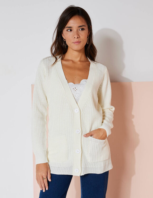 Gilet long boutonné, maille anglaise (blanc cassé)