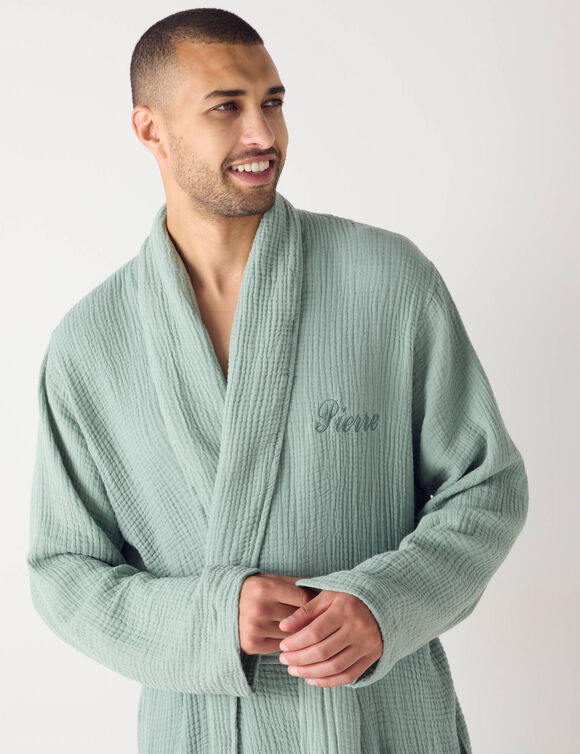 Peignoir col châle mixte triple gaze de coton Colombine®, personnalisable (vert)